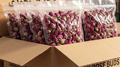 خرید غنچه گل محمدی فله با بسته‌بندی وکیوم و کارتن صادراتی استاندارد